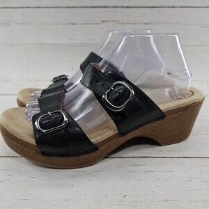 Dansko Sophie Womens‎ 41 10.5-11 Full Grain Black Leather Wedge Buckle Sandals